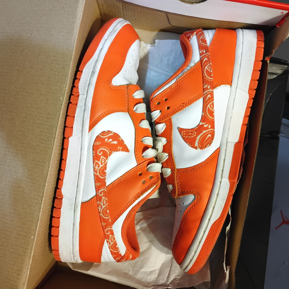 Orange and White Sneakers with Paisley Swoosh